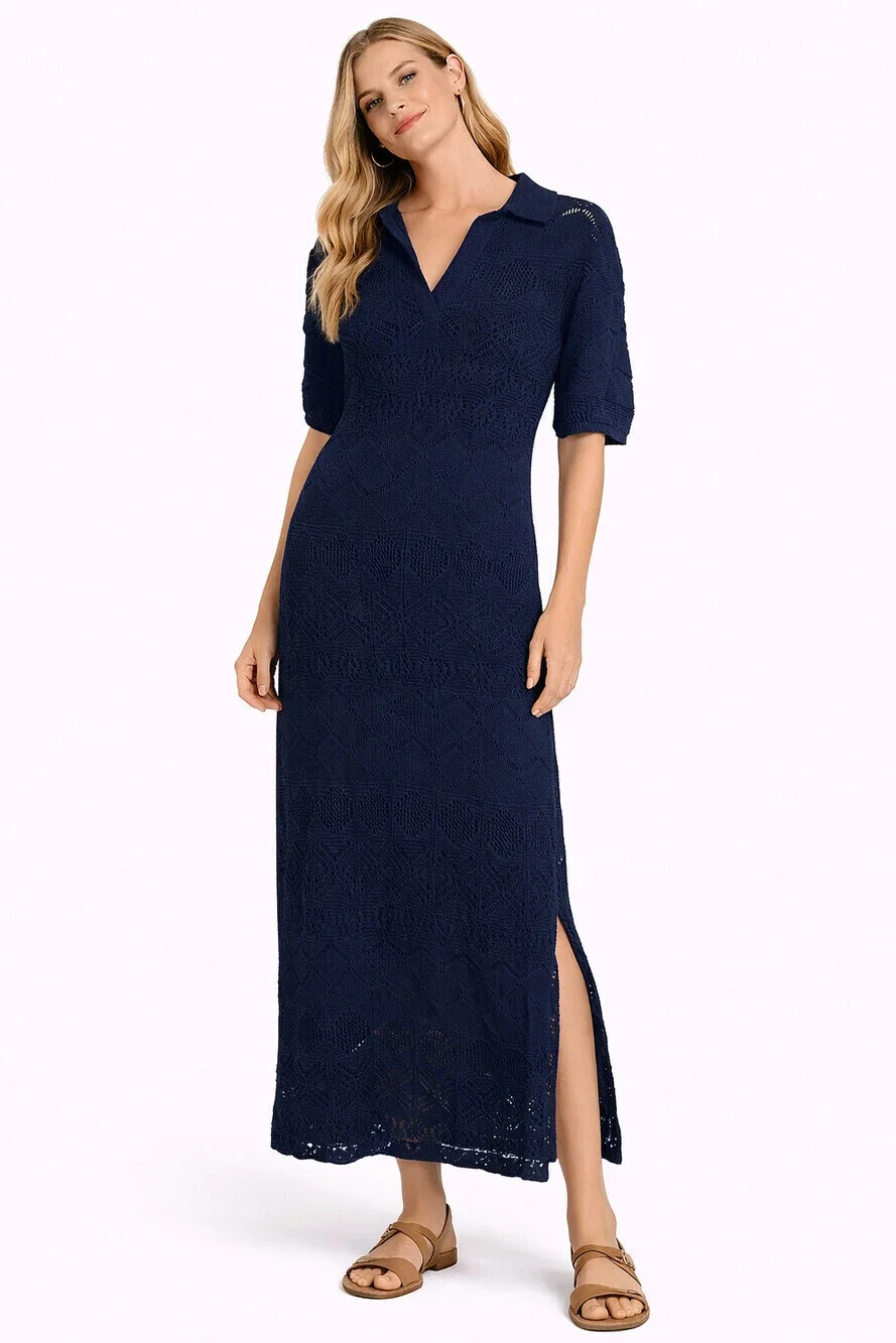 FP Beach Islamorada Crochet Knit Midi Dress Dark Blue Collared Cover Up Size S
